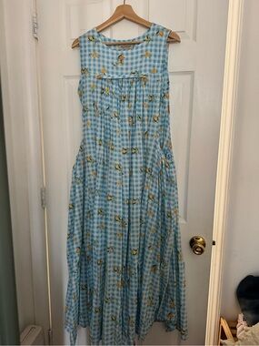 Blue Gingham Lemon Print Maxi Dress